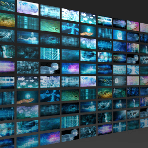 Wall of futuristic digital interface screens.